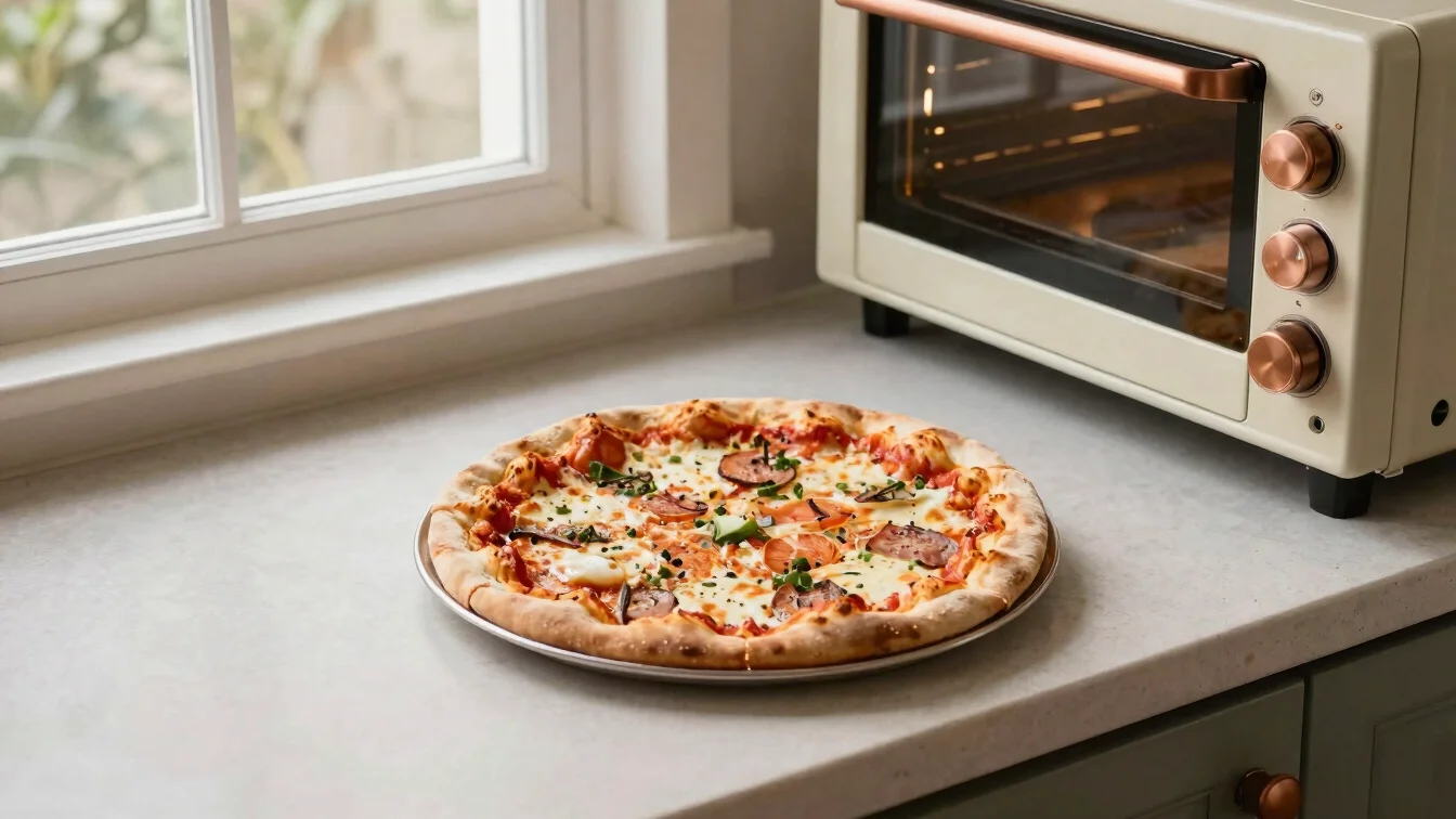 Overhead food study of a freshly baked pizza beside a countertop
