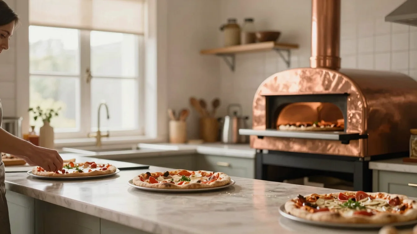 Wide environmental kitchen frame with a pizza being served beside