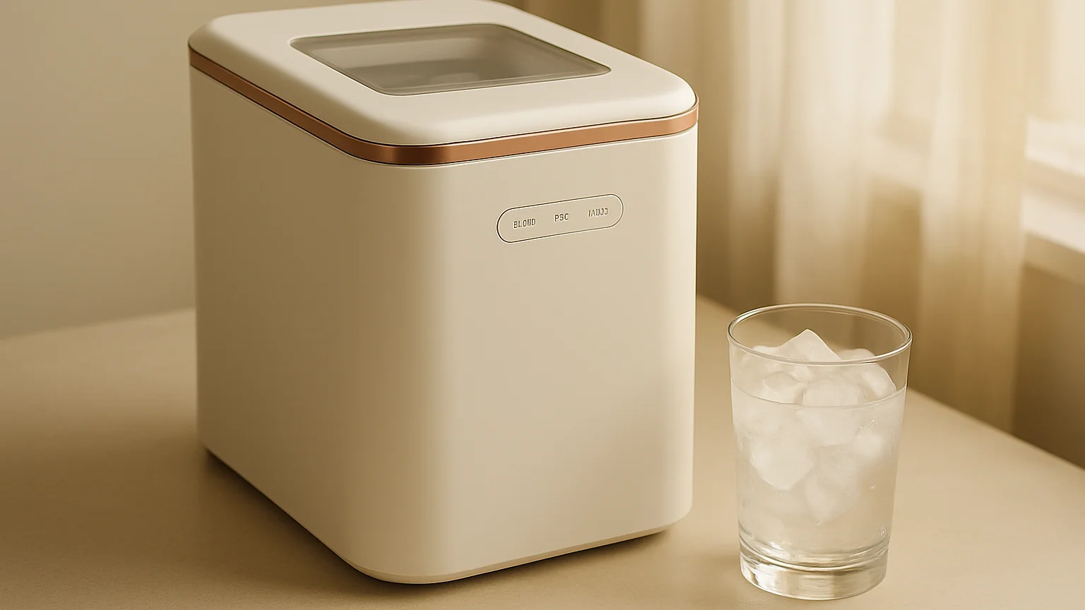 Close product view of a countertop ice maker on a warm ivory coun