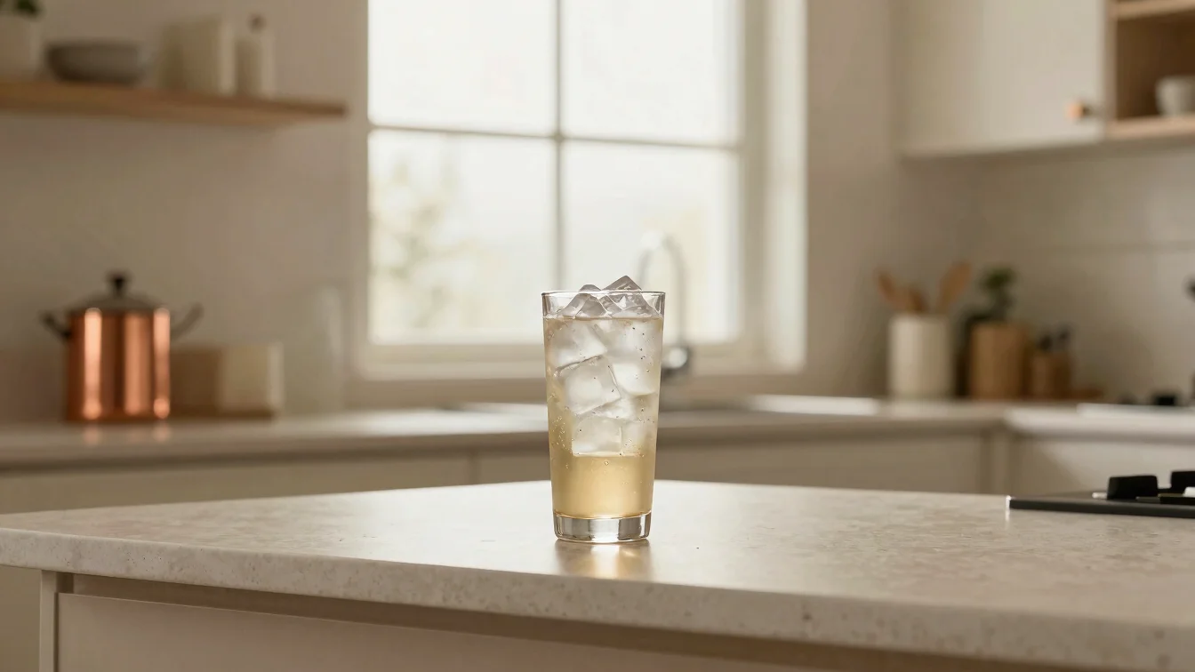 Considered kitchen counter with a chilled drink and clear ice cub