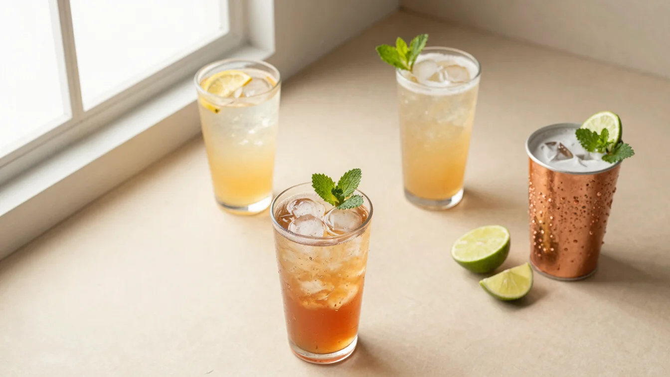 Overhead food study of chilled drinks and fresh garnish on a soft