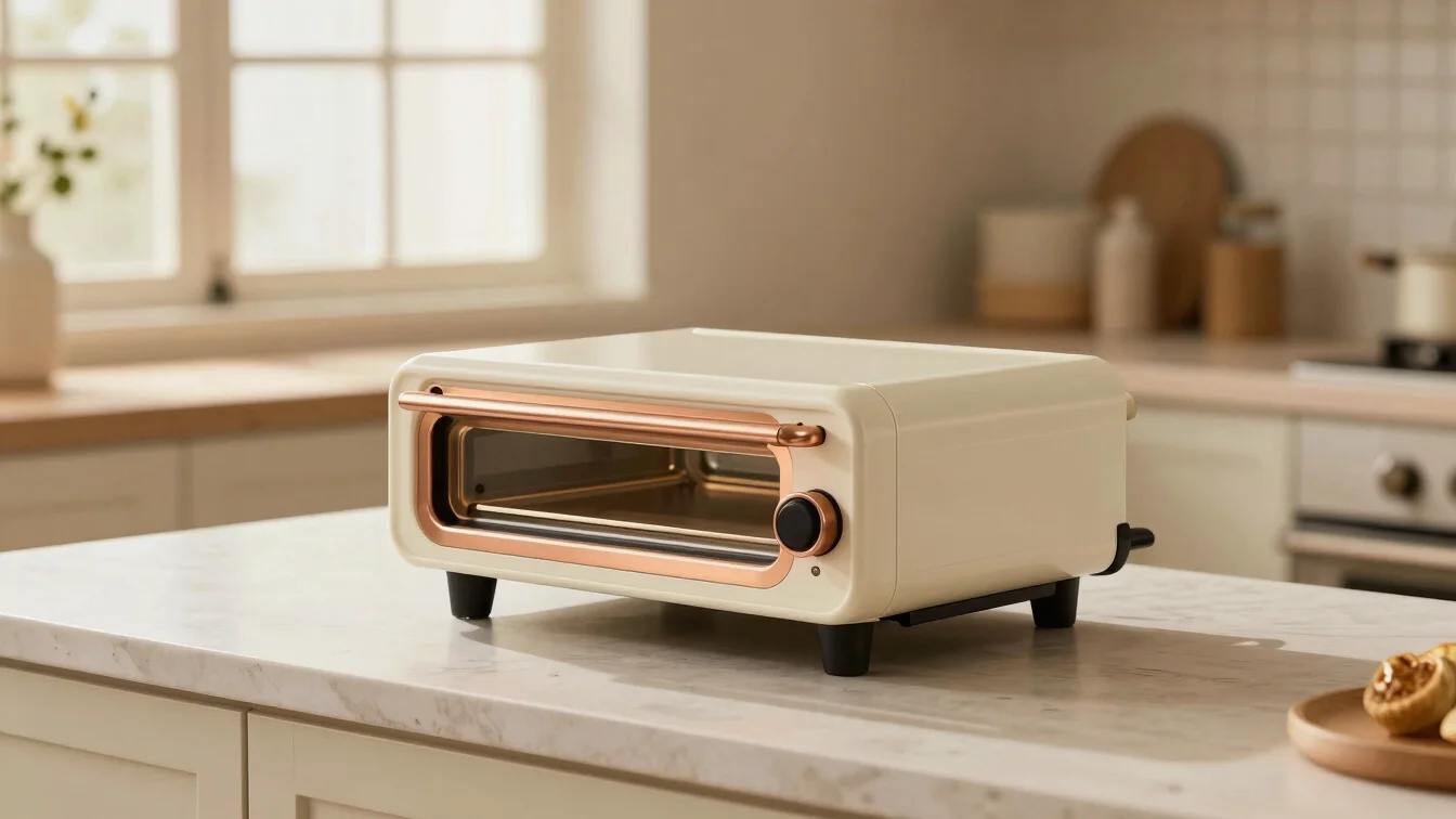 Close product view of a countertop electric pizza oven on a consi